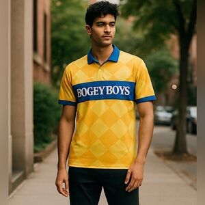 NWT Bogey Boys Golf Polo by Macklemore Checkered argyle Men's Sz XL Yellow Blue